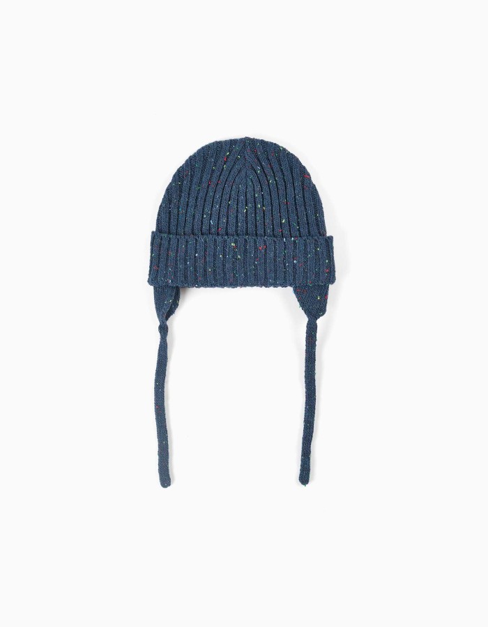Beanie with colourful threads and side straps for baby boys, dark blue