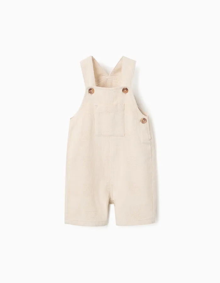 Dobby cotton dungarees with pockets for baby boys, light beige