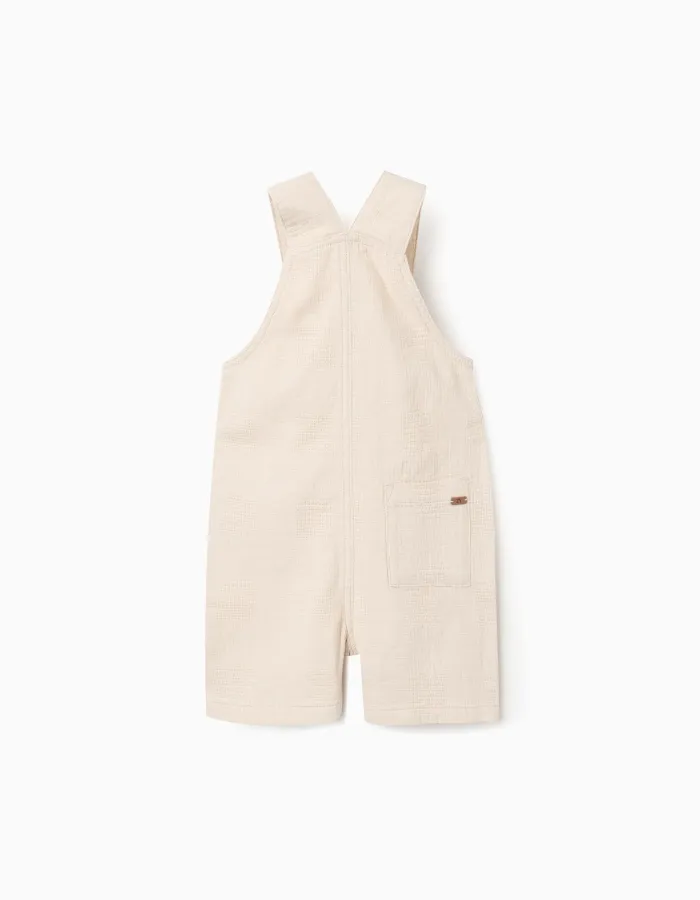 Dobby cotton dungarees with pockets for baby boys, light beige