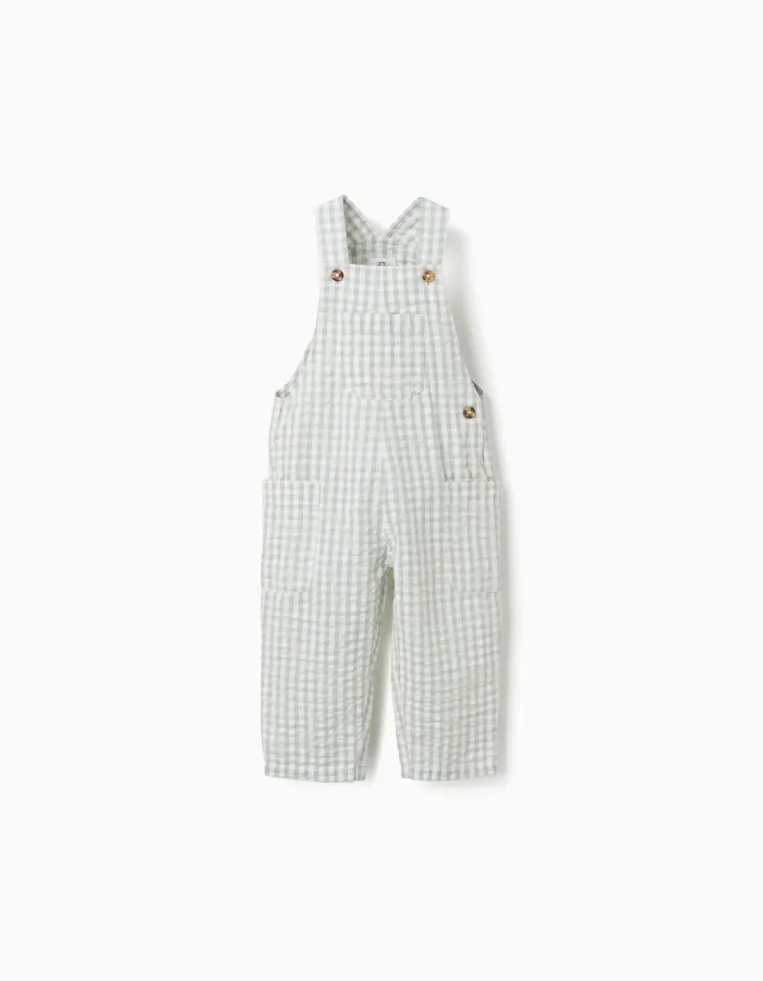 Cotton dungarees with Vichy pattern B&S for baby boys, white/green