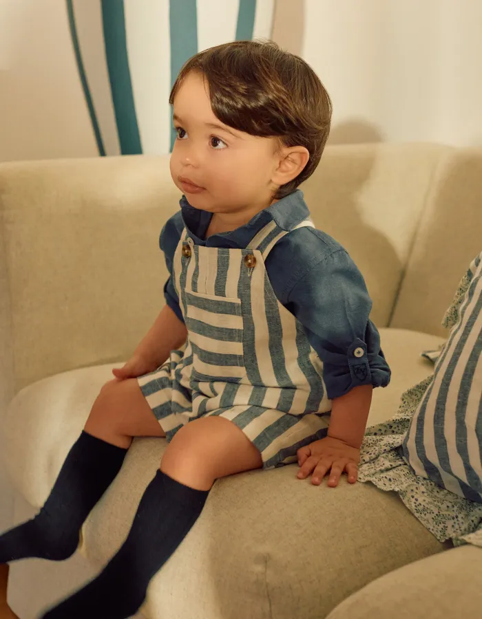Striped cotton and linen dungarees You&Me for baby boys, white/blue