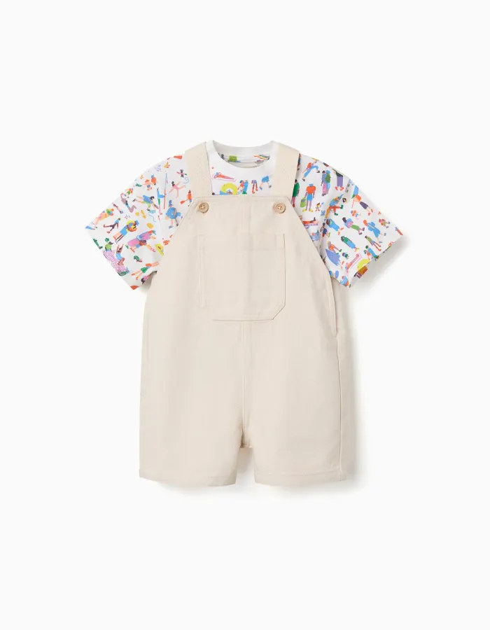 T-shirt and dungarees Carolina Celas x Zippy for baby boys, white/beige