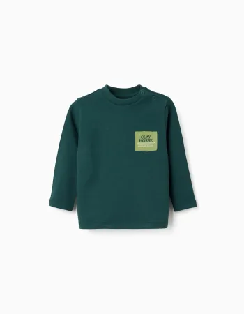 Long sleeve T-shirt with Clay Horse for baby boys, dark green
