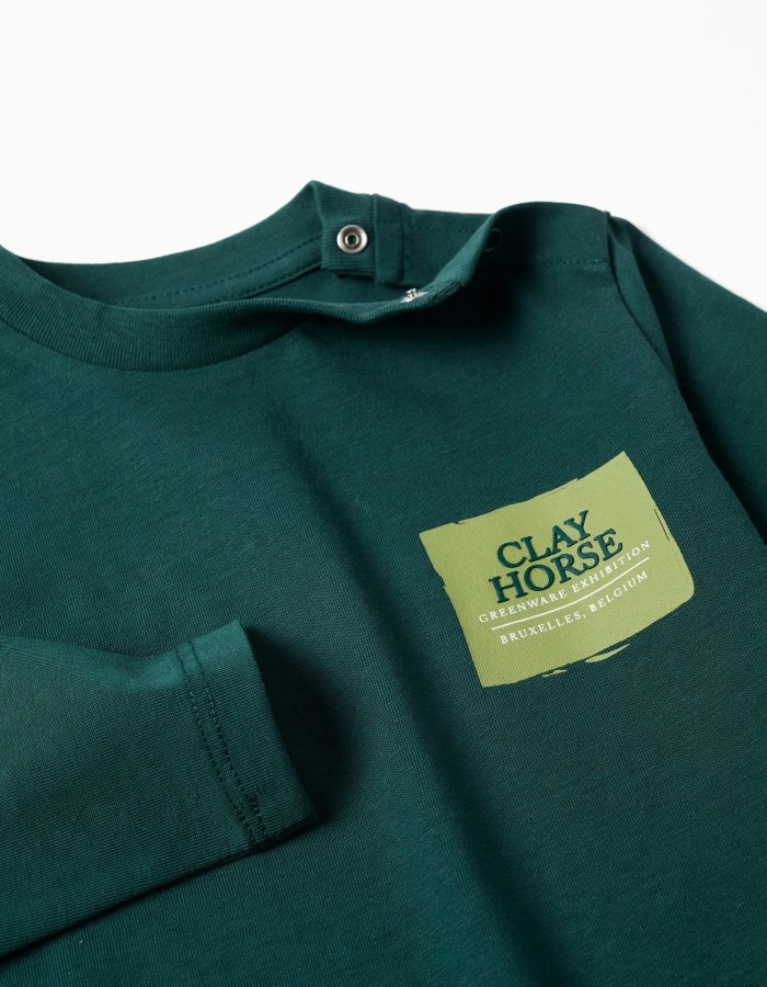 Long sleeve T-shirt with Clay Horse for baby boys, dark green
