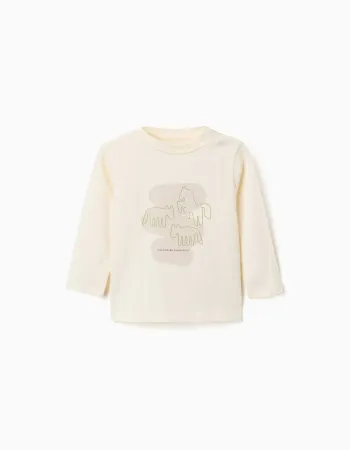 Long sleeve T-shirt with printed horses for baby boys, light beige
