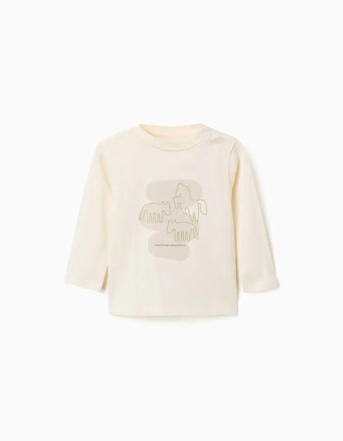 Long sleeve T-shirt with printed horses for baby boys, light beige