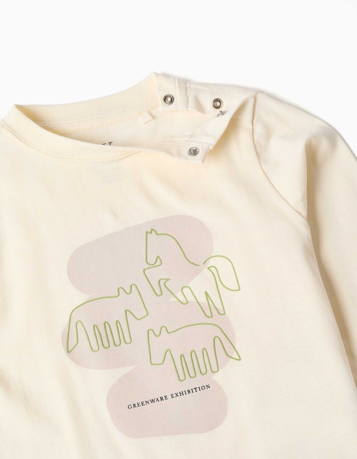 Long sleeve T-shirt with printed horses for baby boys, light beige
