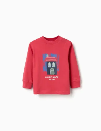Long sleeve cotton T-shirt with 3D house print for baby boys, red