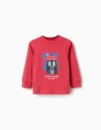 Long sleeve cotton T-shirt with 3D house print for baby boys, red