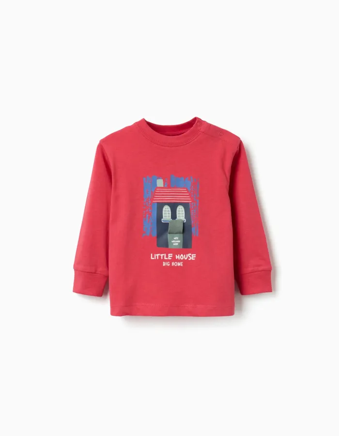 Long sleeve cotton T-shirt with 3D house print for baby boys, red