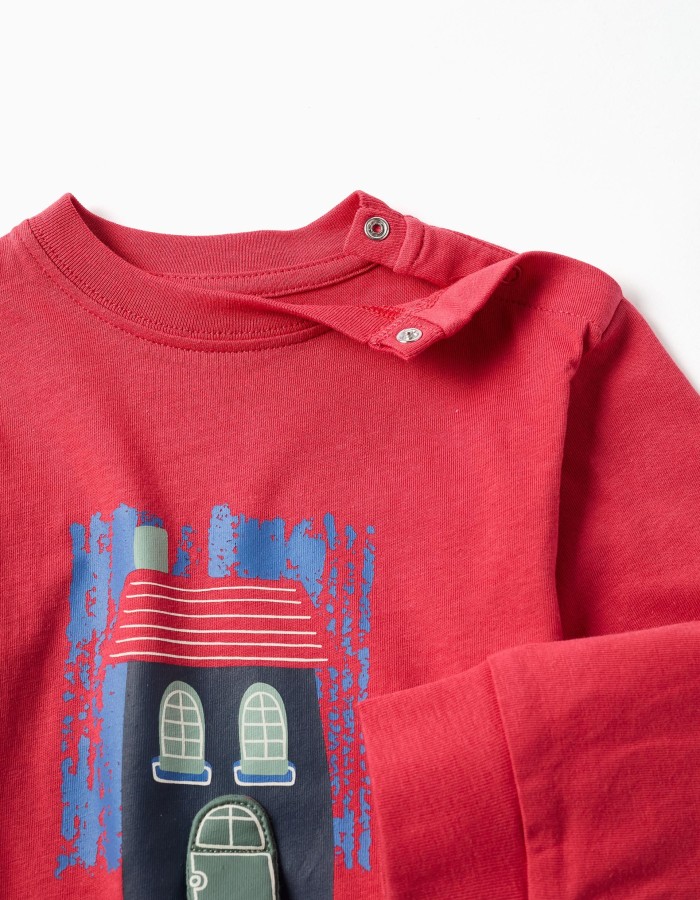 Long sleeve cotton T-shirt with 3D house print for baby boys, red