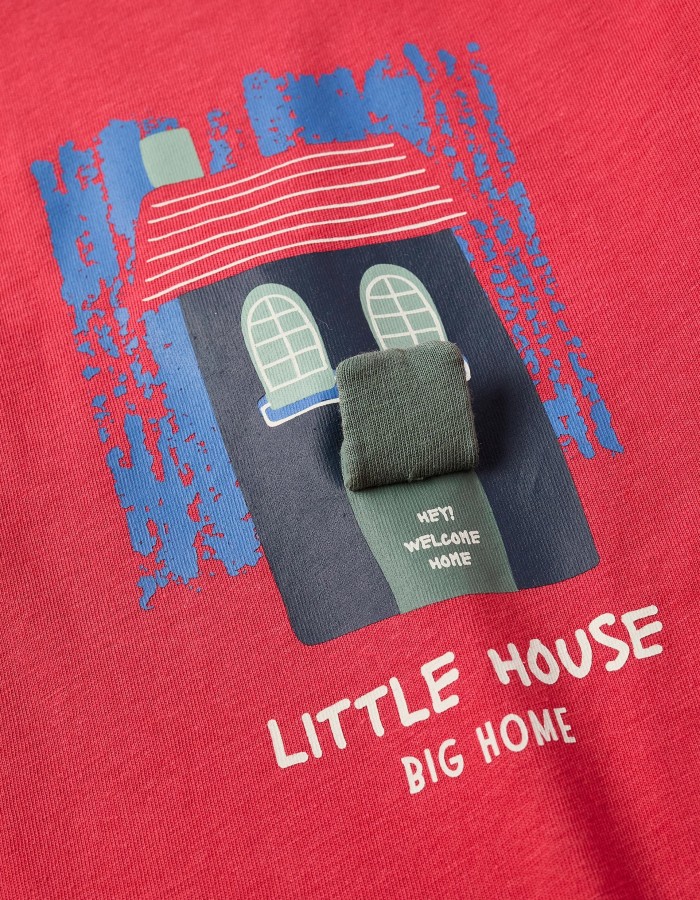 Long sleeve cotton T-shirt with 3D house print for baby boys, red