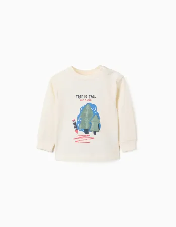 Long sleeve cotton T-shirt with 3D tree print for baby boys, white