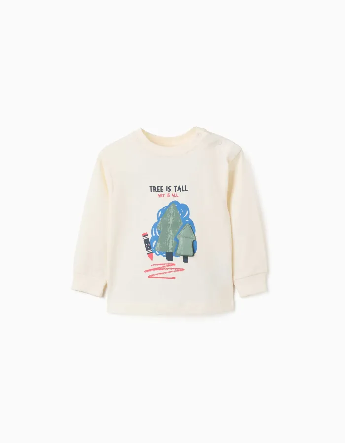 Long sleeve cotton T-shirt with 3D tree print for baby boys, white