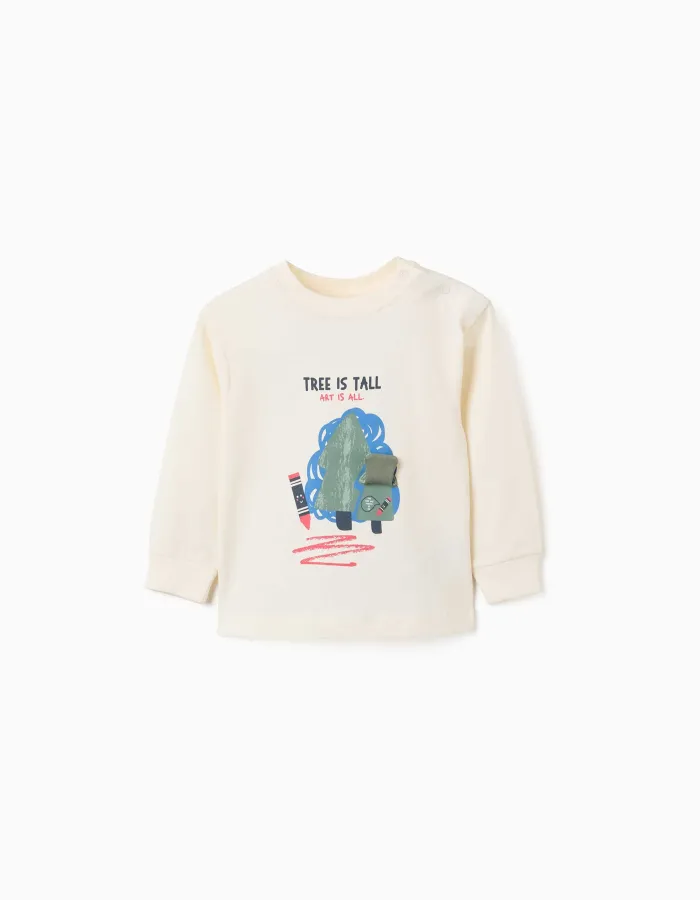 Long sleeve cotton T-shirt with 3D tree print for baby boys, white