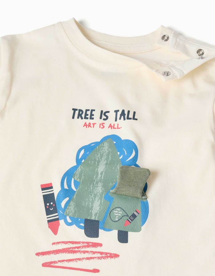 Long sleeve cotton T-shirt with 3D tree print for baby boys, white