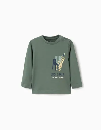 Long sleeve cotton T-shirt with Sit and Draw print for baby boys, green
