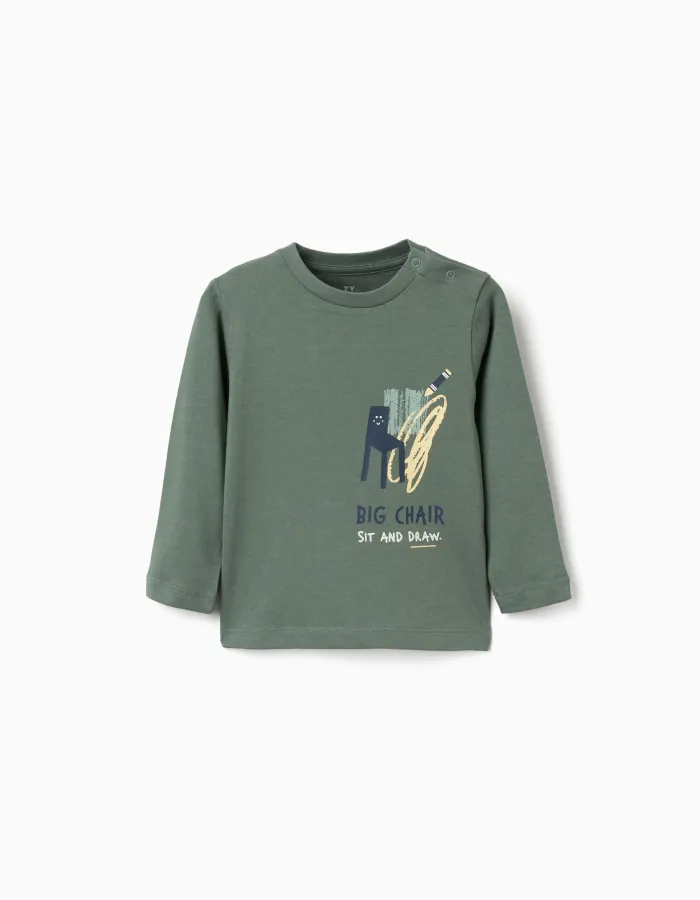 Long sleeve cotton T-shirt with Sit and Draw print for baby boys, green