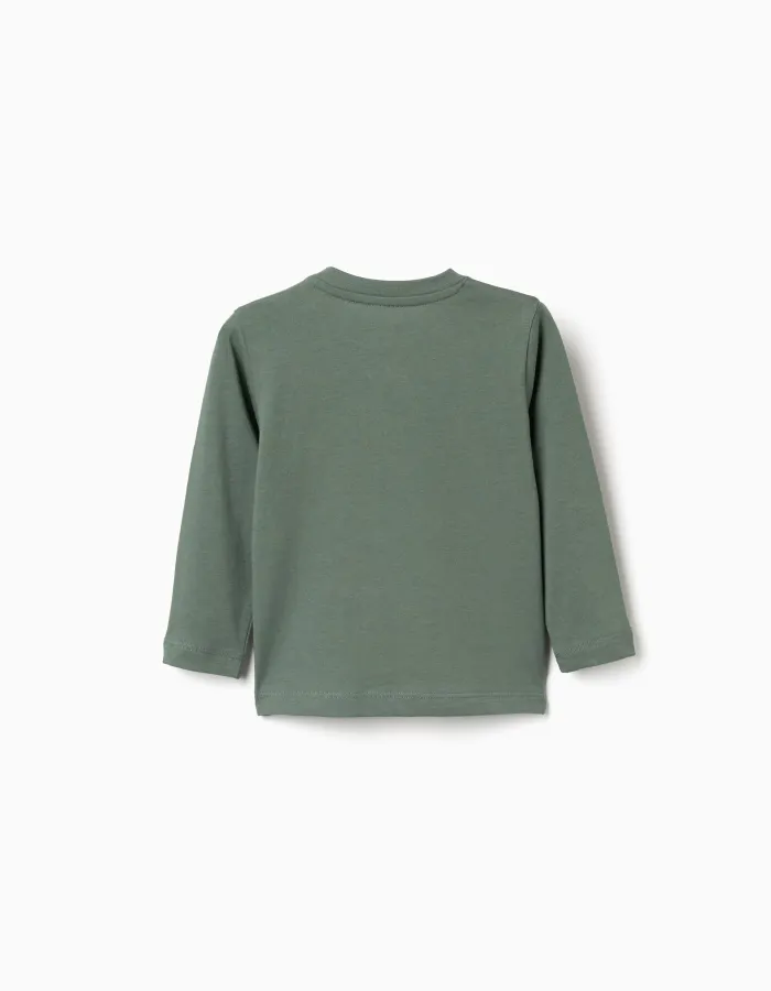 Long sleeve cotton T-shirt with Sit and Draw print for baby boys, green