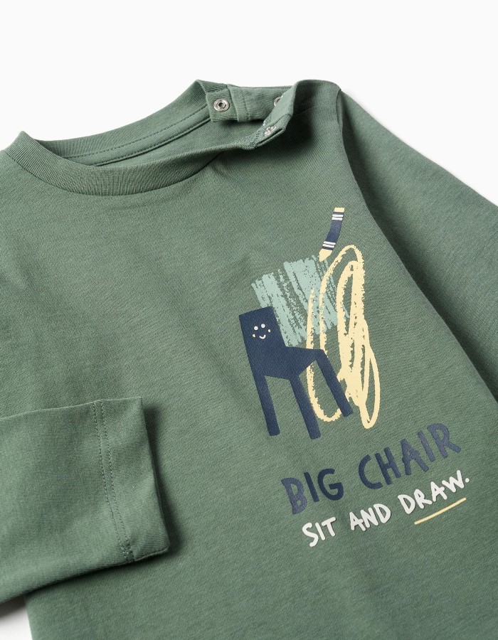 Long sleeve cotton T-shirt with Sit and Draw print for baby boys, green