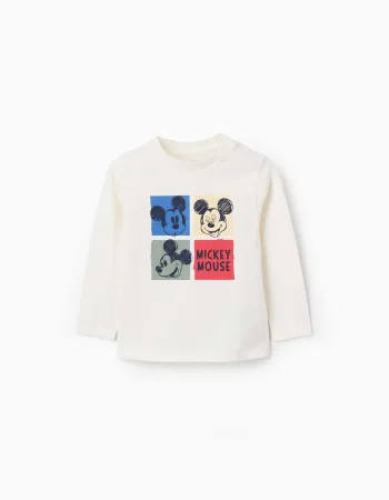 Long sleeve cotton T-shirt with Mickey print for baby boys, white