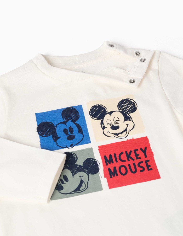 Long sleeve cotton T-shirt with Mickey print for baby boys, white