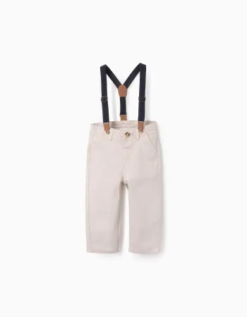 Twill Trousers with Removable Braces for Baby Boys, Beige
