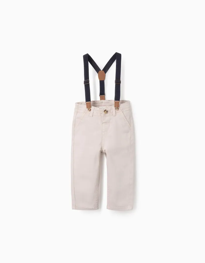Twill Trousers with Removable Braces for Baby Boys, Beige