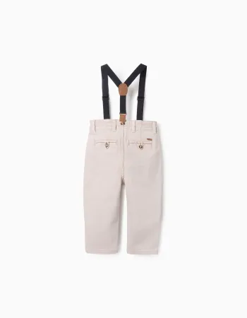 Twill Trousers with Removable Braces for Baby Boys, Beige