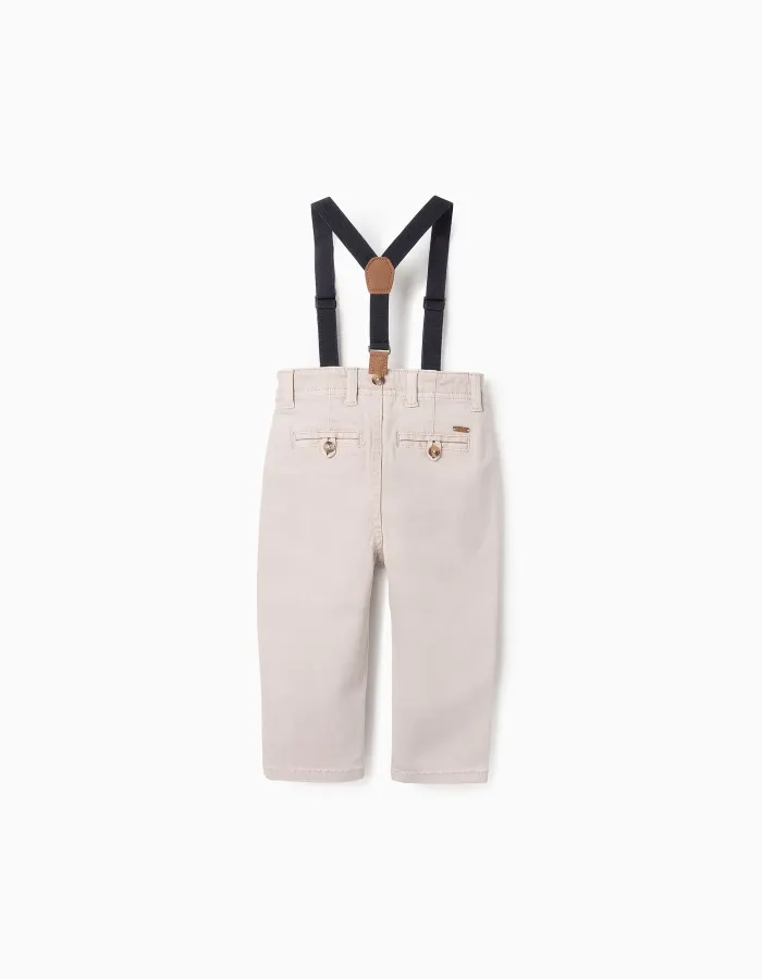 Twill Trousers with Removable Braces for Baby Boys, Beige