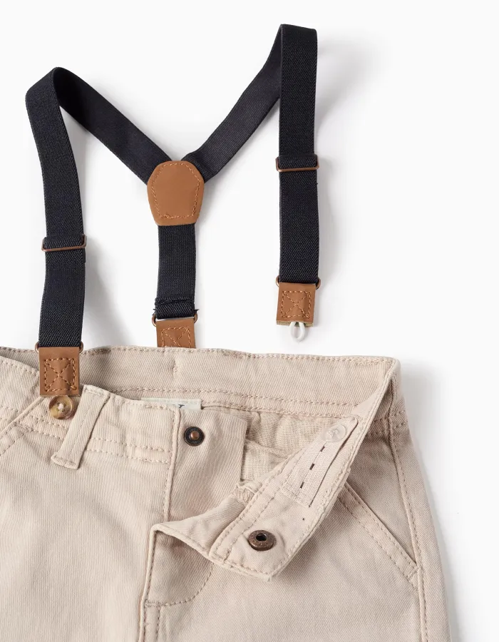Twill Trousers with Removable Braces for Baby Boys, Beige