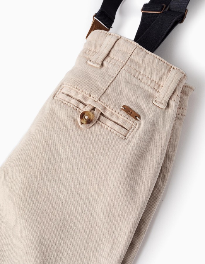Twill Trousers with Removable Braces for Baby Boys, Beige