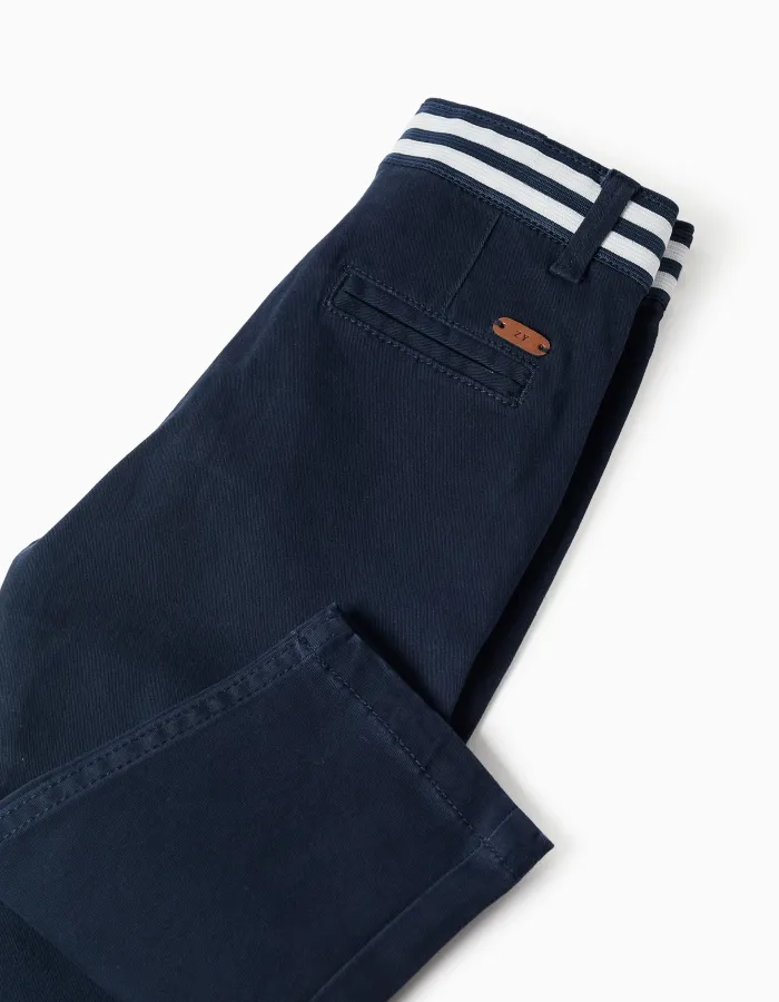 Pants with front button, striped detail and slant pockets