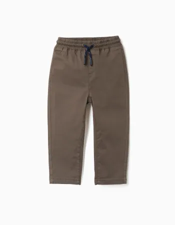 Straight fit twill trousers with drawstring for baby boys, brown