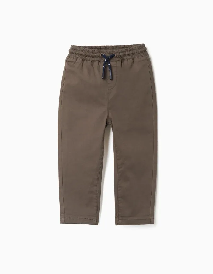 Straight fit twill trousers with drawstring for baby boys, brown