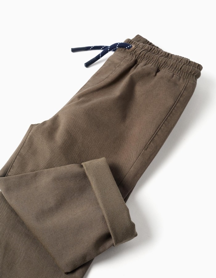 Straight fit twill trousers with drawstring for baby boys, brown
