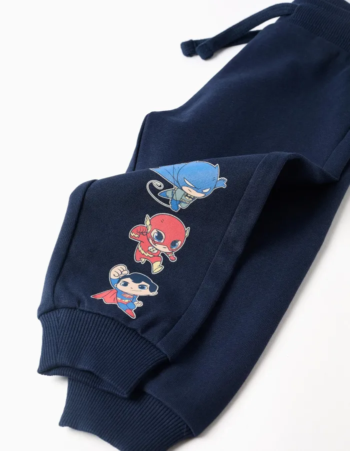 Cotton joggers with Super Friends for babies and boys, navy blue
