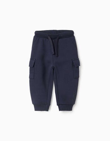 Brushed joggers with cargo pockets and print for baby boys, navy blue