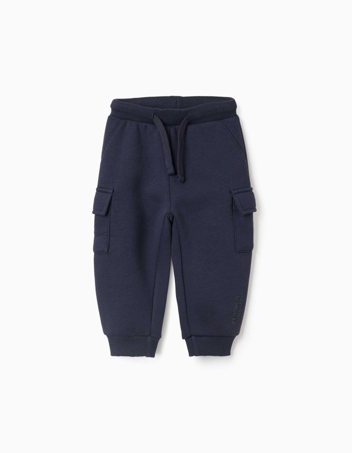 Brushed joggers with cargo pockets and print for baby boys, navy blue