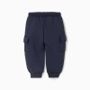 Brushed joggers with cargo pockets and print for baby boys, navy blue