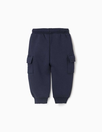 Brushed joggers with cargo pockets and print for baby boys, navy blue