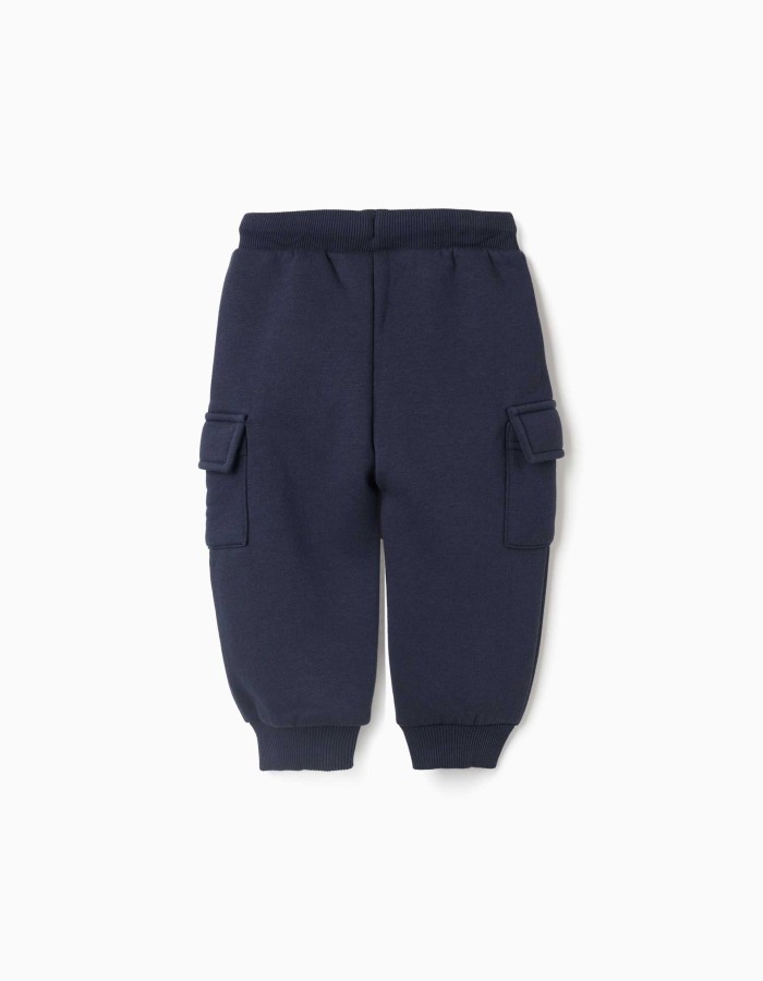 Brushed joggers with cargo pockets and print for baby boys, navy blue