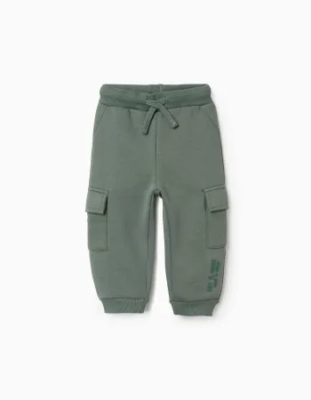Brushed joggers with cargo pockets and print for baby boys, green