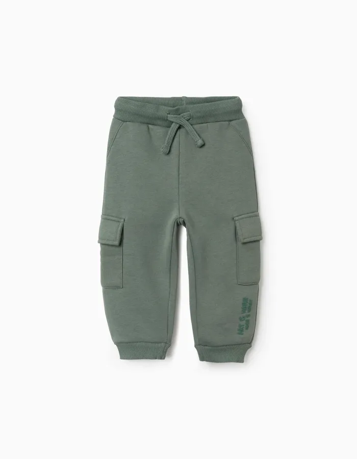 Brushed joggers with cargo pockets and print for baby boys, green