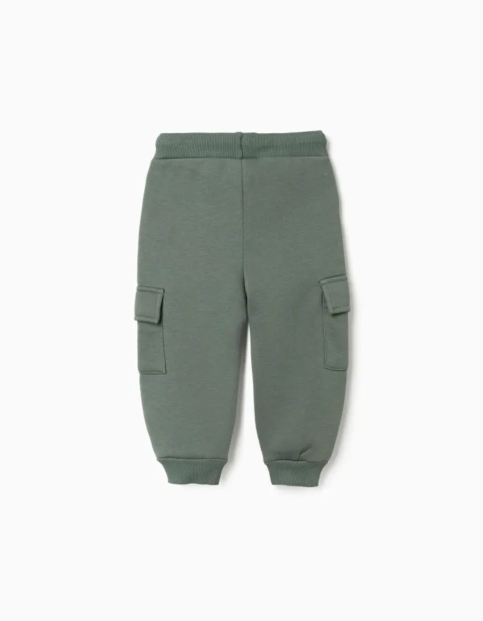 Brushed joggers with cargo pockets and print for baby boys, green