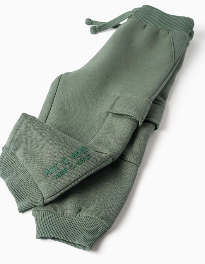 Brushed joggers with cargo pockets and print for baby boys, green