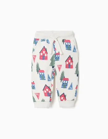 Brushed joggers with house and tree print for baby boys, white