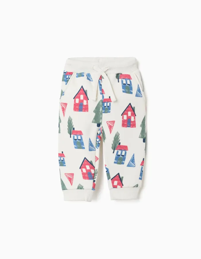 Brushed joggers with house and tree print for baby boys, white