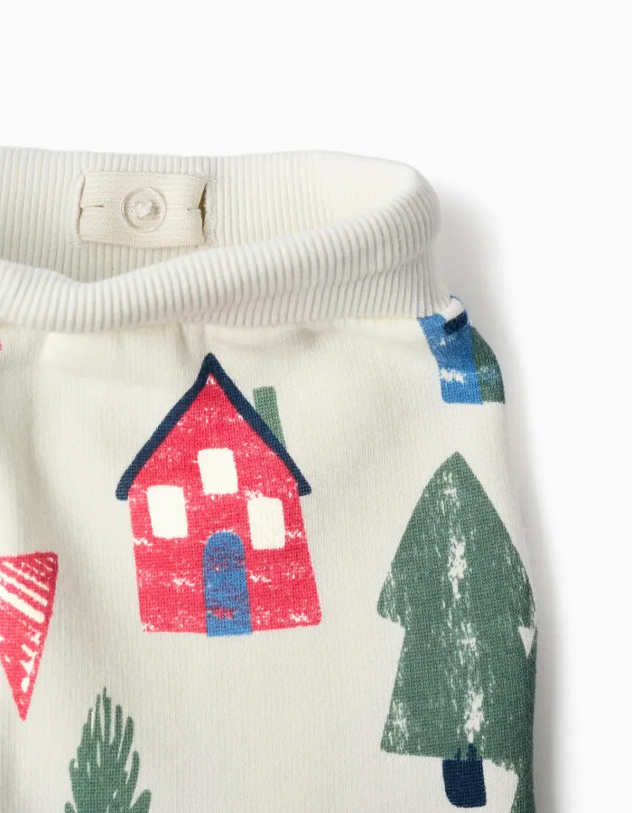 Brushed joggers with house and tree print for baby boys, white