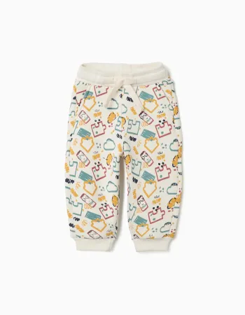 Brushed fleece joggers with colourful print for baby boys, white